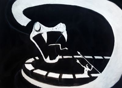 man on turret fights giant snake